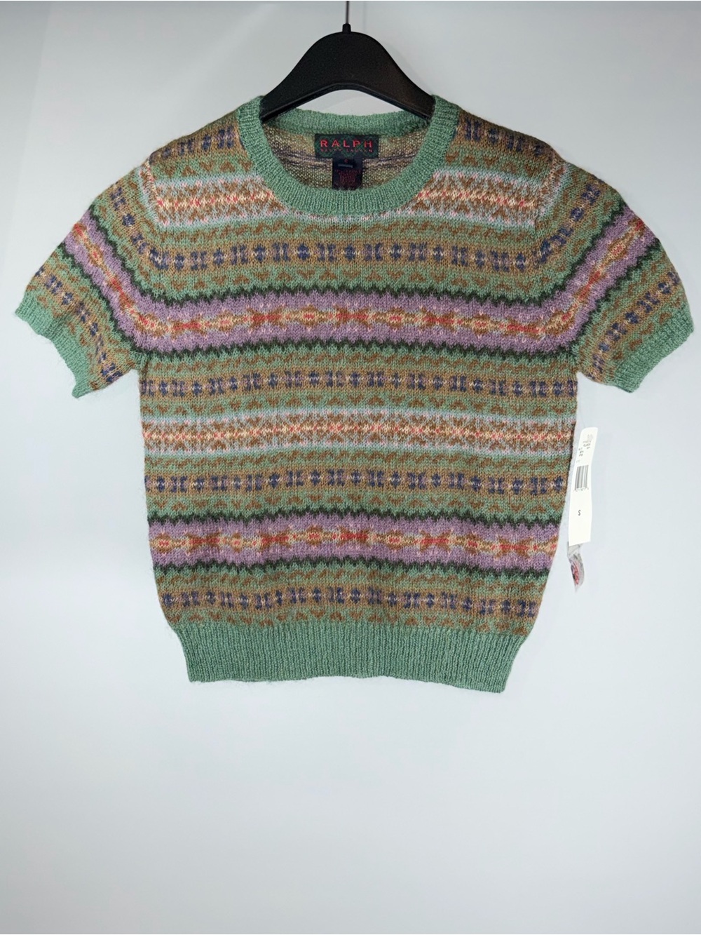 Vintage Ralph Lauren Mint Green Multicolor Fair Isle Short Sleeve Sweater - Picture 3 of 6